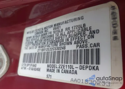 2002 Toyota Corolla Le z USA, uszkodzony, nr VIN 2T1BR12E22C530248